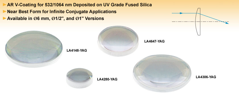 UV Fused Silica Plano-Convex Lenses, V-Coated: 532/1064 nm