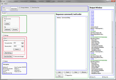 Screen Capture of the Elliptec Piezoelectric Resonant Motor Control Software GUI