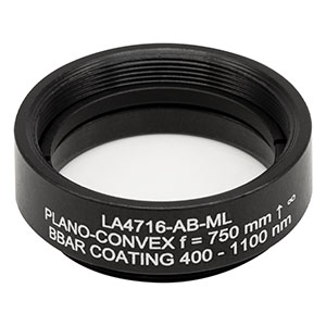 LA4716-AB-ML - Ø1in UVFS Plano-Convex Lens, SM1-Threaded Mount, f = 750 mm, ARC: 400 - 1100 nm